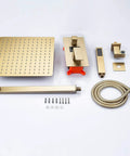 Slick Wall Mounted Rain Shower System Featuring Water Powered Led Digital Display And Easy Grip Single Lever Controls Includes Heavy Duty Eight Inch Brushed Gold Rainhead components with hose and screws.