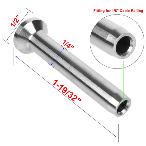 Stainless Steel Stemball Swage Dead Ends 1/8 Inch For Deck Cable Railing 20 Pack with size measurements shown