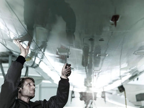 Technician using Replacement Driver Bit Set With Rapidaptor Quick Release And Bayonet Blade in aviation maintenance work.
