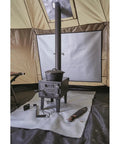 Interior view of Base Camp Tent For All Weather Adventures With Stove Jack Four Season Camping For Hiking And Hunting Ultra Spacious 14 Ft Diameter Shelter With 10 Ft Center Height For Standing Room And Your Camp Crew, showing a stove jack installation.