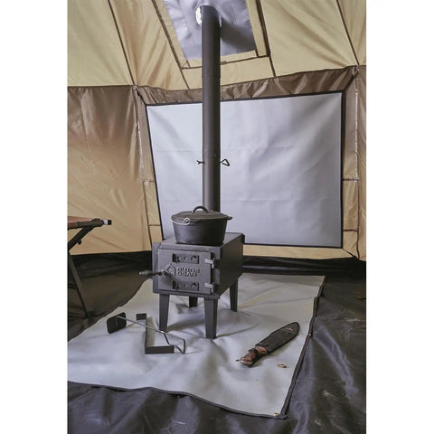 Interior view of Base Camp Tent For All Weather Adventures With Stove Jack Four Season Camping For Hiking And Hunting Ultra Spacious 14 Ft Diameter Shelter With 10 Ft Center Height For Standing Room And Your Camp Crew, showing a stove jack installation.