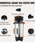 Heavy Duty Coffee Urn 50 Cup 7.5L Stainless Steel Dispenser With Step Discharge Spout For Mess Free Pour, 1000W 110V Electric Brewer, Detachable Power Cord For Easy Cleaning And Quick Brewing featuring cool-touch handles and indicator light.