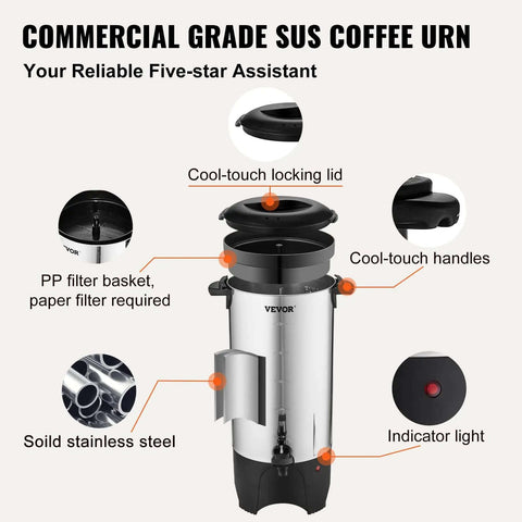 Heavy Duty Coffee Urn 50 Cup 7.5L Stainless Steel Dispenser With Step Discharge Spout For Mess Free Pour, 1000W 110V Electric Brewer, Detachable Power Cord For Easy Cleaning And Quick Brewing featuring cool-touch handles and indicator light.