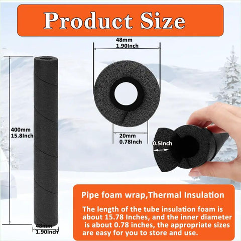 Heavy Duty Black Soft Foam Pipe Insulation Tubing 3 Pack size diagram showing dimensions 15.8 inch by 0.8 inch for thermal protection.