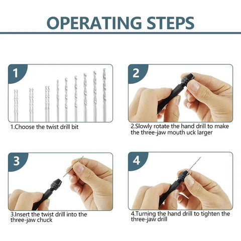 Instruction guide for using the 57Pcs Pin Vise Hand Drill Bits Set For Crafting And Diy Projects, showing step-by-step drill bit selection.