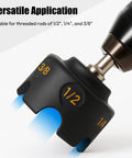 Heavy Duty Nut Driver Drill Attachment For Smashing Through Rusted Bolts And Rapid Stripped Nut Extraction Compatible With Standard Impact Drills showing sizes 1/4, 3/8, and 1/2.
