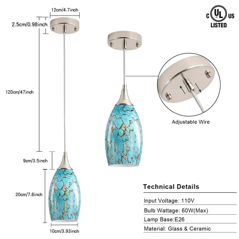 Kitchen Island Pendant Light Dope Modern Edison Hanging Fixture With Handcrafted Art Glass Shade, Adjustable Nylon Core