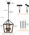 Diagram of Rustic Farmhouse 4 Light Pendant Chandelier With Imitation Oak Wood Grain, dimensions, and adjustable rods.