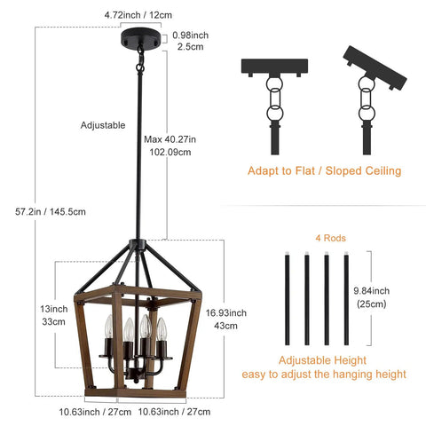 Diagram of Rustic Farmhouse 4 Light Pendant Chandelier With Imitation Oak Wood Grain, dimensions, and adjustable rods.