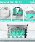 Pro Grade Diamond Core Drill Bit Set 9 Piece For Tile Marble Porcelain Ceramic Concrete Masonry With 6mm 8mm 10mm 20mm 25mm 35mm 50mm Core Bits, 10 To 25mm Finger Bit, And SDS Plus Adapter displayed with carrying case and detail views of versatility and vacuum brazed technology.