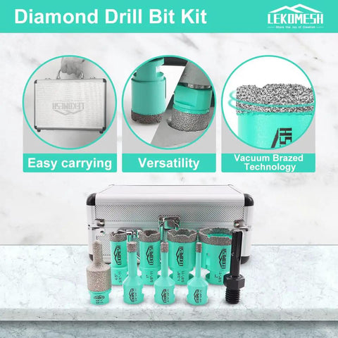 Pro Grade Diamond Core Drill Bit Set 9 Piece For Tile Marble Porcelain Ceramic Concrete Masonry With 6mm 8mm 10mm 20mm 25mm 35mm 50mm Core Bits, 10 To 25mm Finger Bit, And SDS Plus Adapter displayed with carrying case and detail views of versatility and vacuum brazed technology.