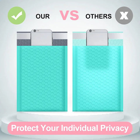 Comparison of teal bubble mailers showing our product with thicker padding versus thinner competition.