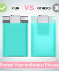Teal Bubble Mailers 10.5x16 Inch Self Seal Padded Envelopes Waterproof 40 Pack comparison with phone inside showing privacy feature.