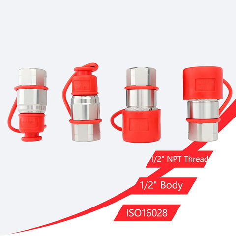 Four Wzytshun 1/2-inch NPT skid-steer hydraulic couplers with red dust caps ISO16028
