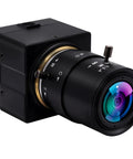 Ultra HD 8MP USB Camera with 2.8 to 12mm varifocal lens, IMX179 sensor, front view showcasing lens and controls.