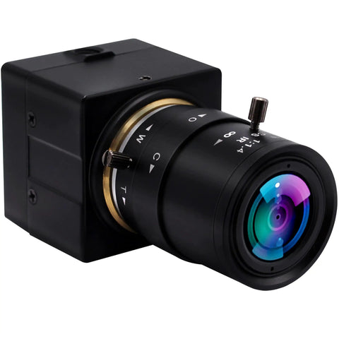 Ultra HD 8MP USB Camera with 2.8 to 12mm varifocal lens, IMX179 sensor, front view showcasing lens and controls.