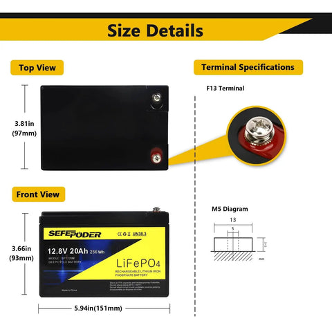 12V 20Ah LiFePO4 Deep Cycle Battery With 4000 Cycles Built In 40A BMS Screw Terminals Lightweight Rechargeable Power Pack, size and terminals