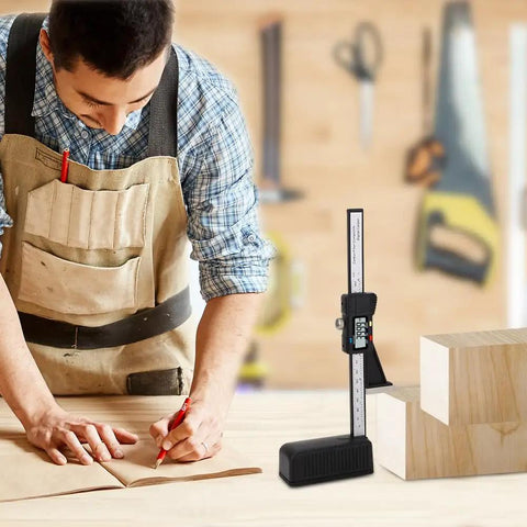 Digital Height Gauge 0 To 150mm With Magnetic Base, Easy Reading LCD In Inches Or Metric shown standing on a workbench.