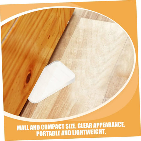 Clear Plastic Leveling Shims For Furniture Wobble Fix 32 Piece Wedge Set under wooden furniture leg on floor.