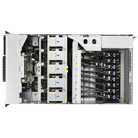 Top Tier Dual AMD Epyc 9965 192 Core Rackmount Server interior showing eight RTX Pro 6000 cards and power connections.