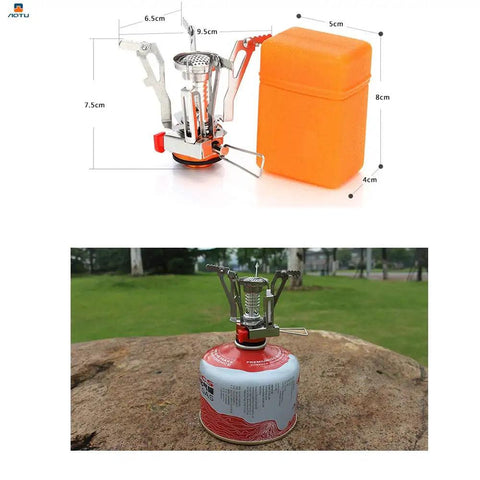 Lightweight Portable Camping Stove With Piezo Ignition, Wind Resistant Backpacking Camp Stove next to orange storage box
