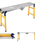 65 Inch Portable Folding Work Platform And Rock Hard 2000 Lbs Heavy Duty Welding Table with yellow legs and steel deck.