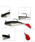 Five Piece Soft Plastic Fishing Lure Set, 8Cm T Tail Bait With 3D Eyes And Sharp Treble Hooks, detailed view with red tail