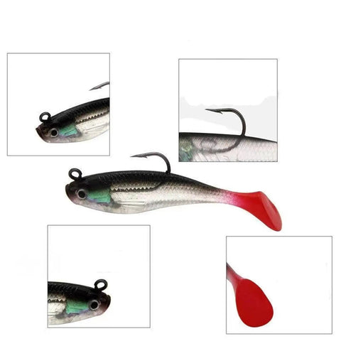Five Piece Soft Plastic Fishing Lure Set, 8Cm T Tail Bait With 3D Eyes And Sharp Treble Hooks, detailed view with red tail