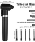 Tattoo Ink Mixer Machine Kit with 100 Mixing Sticks shown with dimensions, black plastic, powered by 2 AA batteries, ideal for microblading.