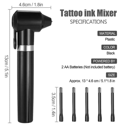 Tattoo Ink Mixer Machine Kit with 100 Mixing Sticks shown with dimensions, black plastic, powered by 2 AA batteries, ideal for microblading.
