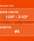 Available sizes of White Low Profile Cabinet Screws 2.5 Inch 80 Pack Climatek Coated Star Drive, including 1-1/4" to 2-1/2" lengths #8 diameter.