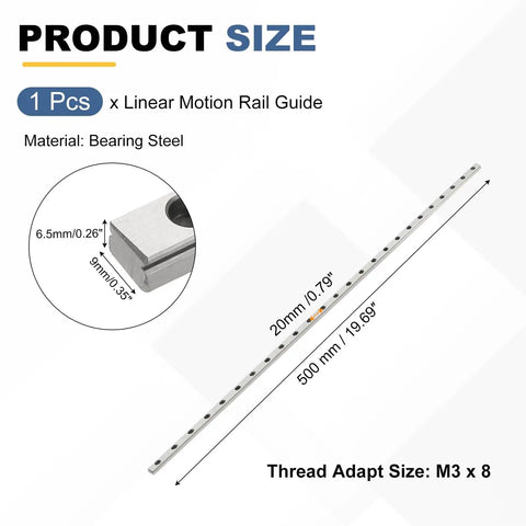 High Performance 500mm MGN9 Linear Sliding Rail Guide Made From Super Durable Bearing Steel with size details.