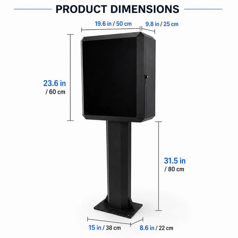 Built Like A Tank Outdoor EV Charger Enclosure With Sturdy Pedestal Stand And Combination Lock, dimensions marked.