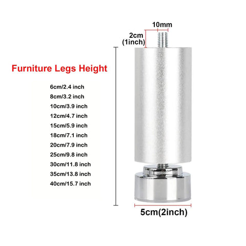 6 Pack Adjustable Aluminum Furniture Legs M10 Threaded Replacement Feet for Table, Couch, Sofa with height measurements
