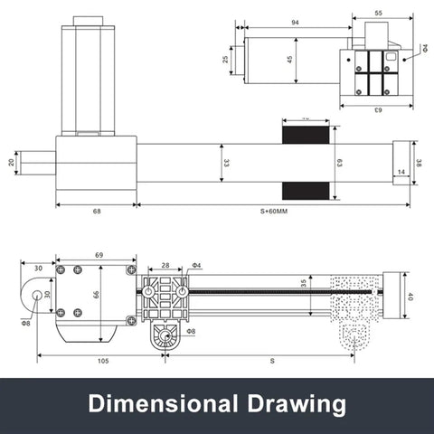 12V Electric Linear Actuator 2400N Beefy Motion High Precision Sliding Table For Industrial Automation With Smooth Action Durable Build And Controller Compatibility For Reliable Repeats And Heavy Loads dimensional drawing with mounting dimensions