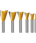 Hella Durable Six Piece Dovetail Router Bit Set Quarter Inch Shank, steel and carbide cutters for precise woodworking projects.