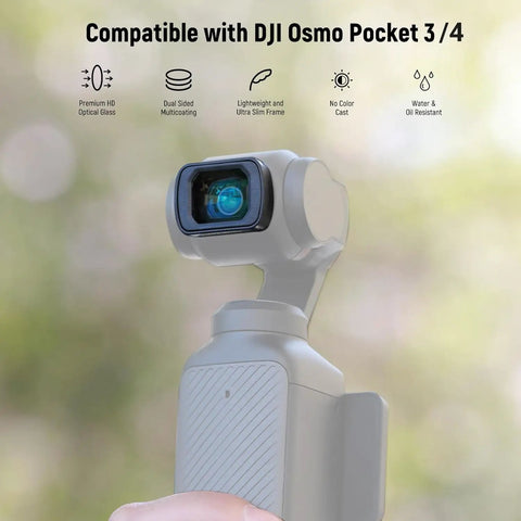 0.75x Wide Angle Lens With 108 Degree Field Of View And ND2 32 CPL Diffusion Filter Set for Osmo Pocket 3 and Pocket 4 mounted