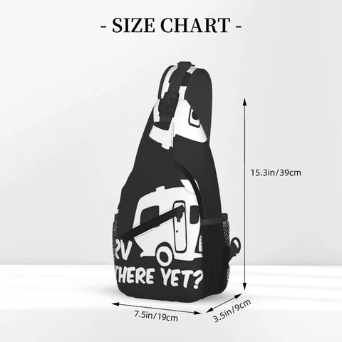 Dope Chest Sling Bag Crossbody Backpack For Travel And Hiking with graphic design, size chart shown, black and white.