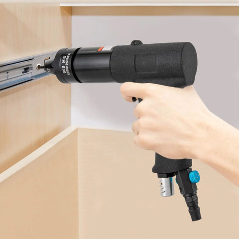 Air Powered Rivet Nut Gun Kit With Quick Change Nose Pieces Pneumatic Rivet Nut Pull Setter in use on metal surface