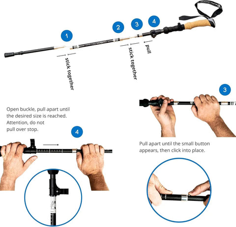 Instructions on assembling Ultra Lightweight Aluminum Collapsible Trekking Poles With Cork Grips, Adjustable 39 To 47 Inches, Foldable Hiking Poles.