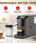 Top Shelf Fully Automatic Espresso Machine With Double Boiler And Built In Grinder For Smooth Daily Grind With 20 Bar Pressure And Crisp Gold Gray Touchscreen showing a removable water tank and two coffee cups.