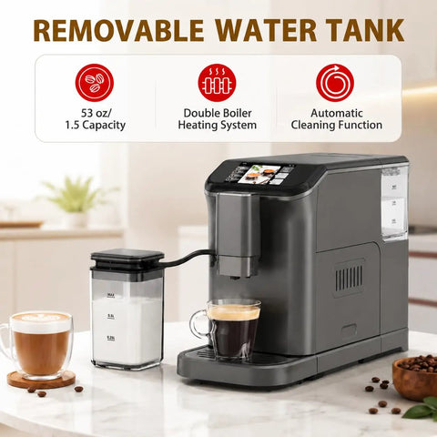 Top Shelf Fully Automatic Espresso Machine With Double Boiler And Built In Grinder For Smooth Daily Grind With 20 Bar Pressure And Crisp Gold Gray Touchscreen showing a removable water tank and two coffee cups.