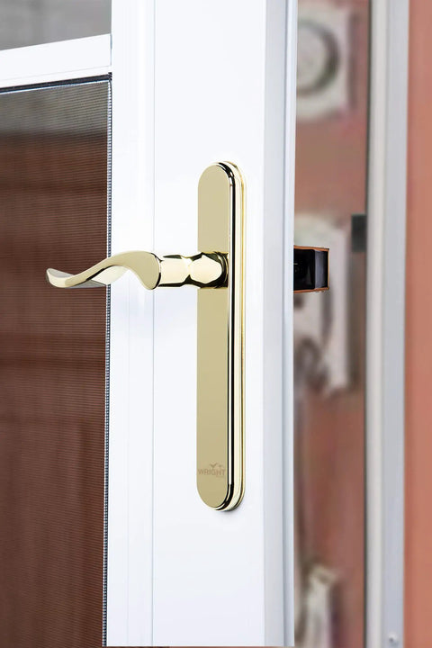 Close-up of Serenade Brighton Surface Mount Door Latch for Screen and Storm Doors Polished Brass No Lock Out Night Latch Tech