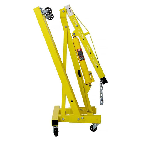 Pro Level 2 Ton Hydraulic Engine Hoist And Folding Cherry Picker Shop Crane With 4000 Lb Capacity side view, yellow color, compact, heavy lifting.
