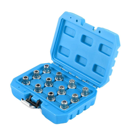 12 Piece Car Spline Bit Set Master Kit With 17mm Wheel Nut Socket in blue case, durable alloy steel construction, multi locking design