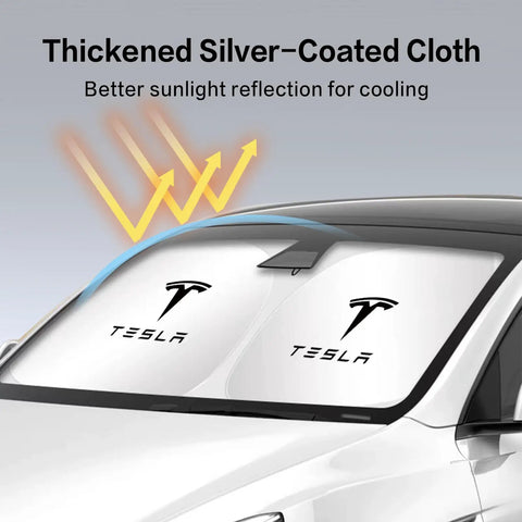 Tesla Model 3 And Model Y Front Window Sunshade 300T High Density Shade With Organizer Bag 2026 Car Accessory installed on car
