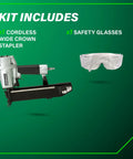 Kit with cordless wide crown stapler and safety glasses for fast framing and lathing projects using 16 gauge nailer.