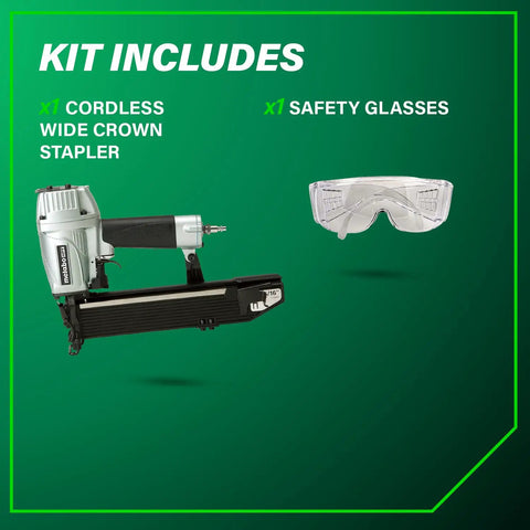 Kit with cordless wide crown stapler and safety glasses for fast framing and lathing projects using 16 gauge nailer.
