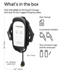 Dual 32 Amp Level 2 EV Charger With 240V 7.7 KW Output, NEMA 14 50 Plug, J1772 Connectors, shown with accessories