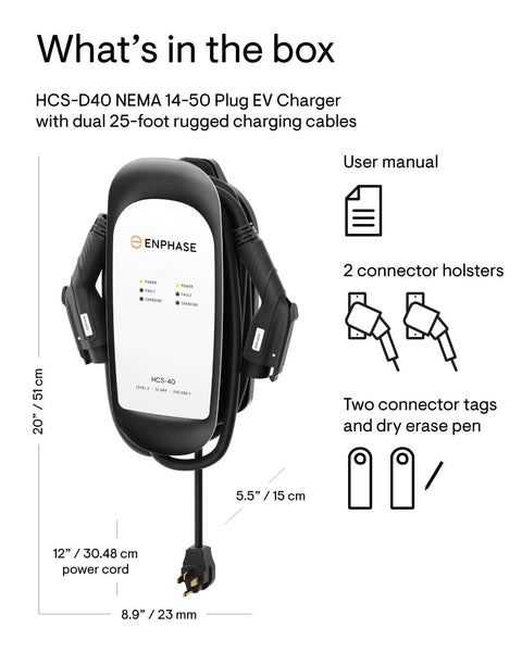 Dual 32 Amp Level 2 EV Charger With 240V 7.7 KW Output, NEMA 14 50 Plug, J1772 Connectors, shown with accessories